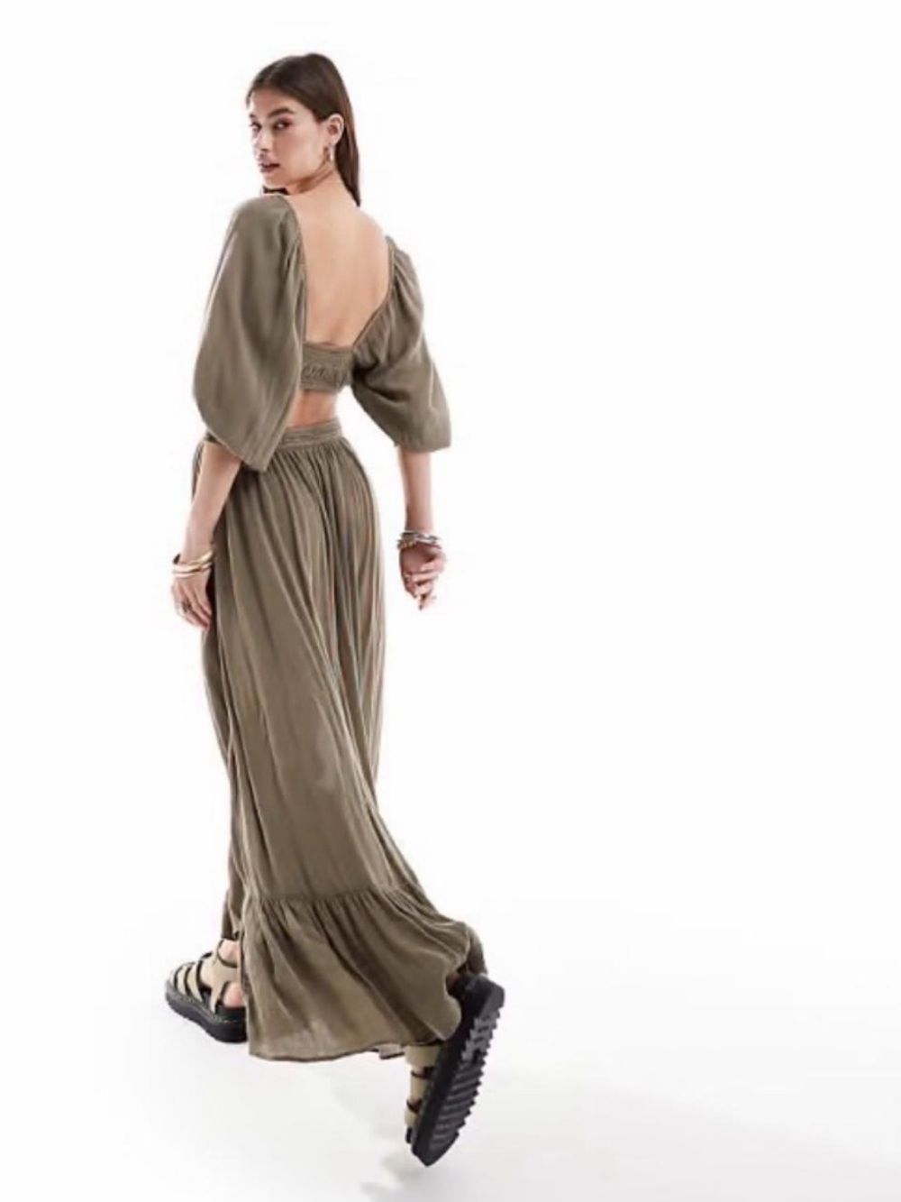 Free People Cross My Heart Cut-out Olive Brown High-Low Maxi Dress - Picture 3 of 6
